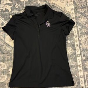 Nike Women's Black Polo with Purple and White Colorado Rockies Logo